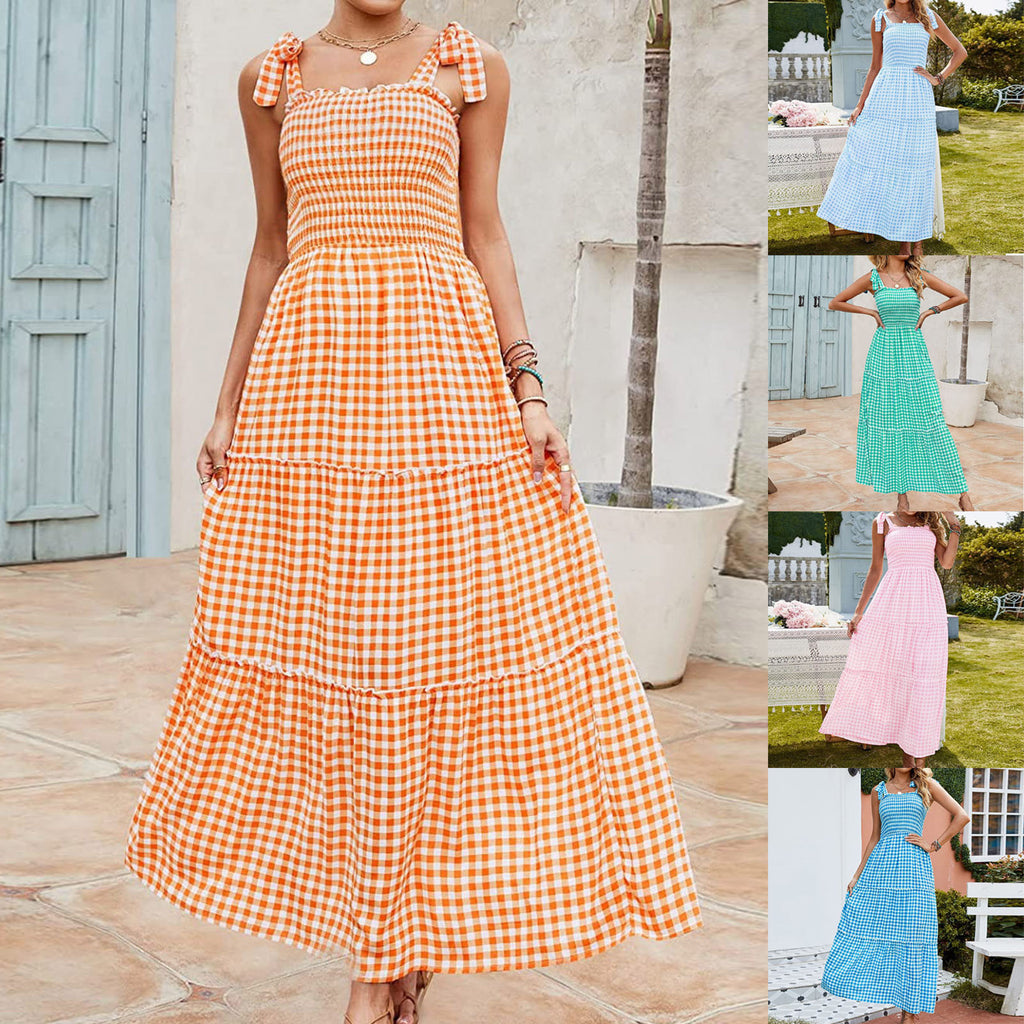 Robe longue à carreaux avec nœud pour femme