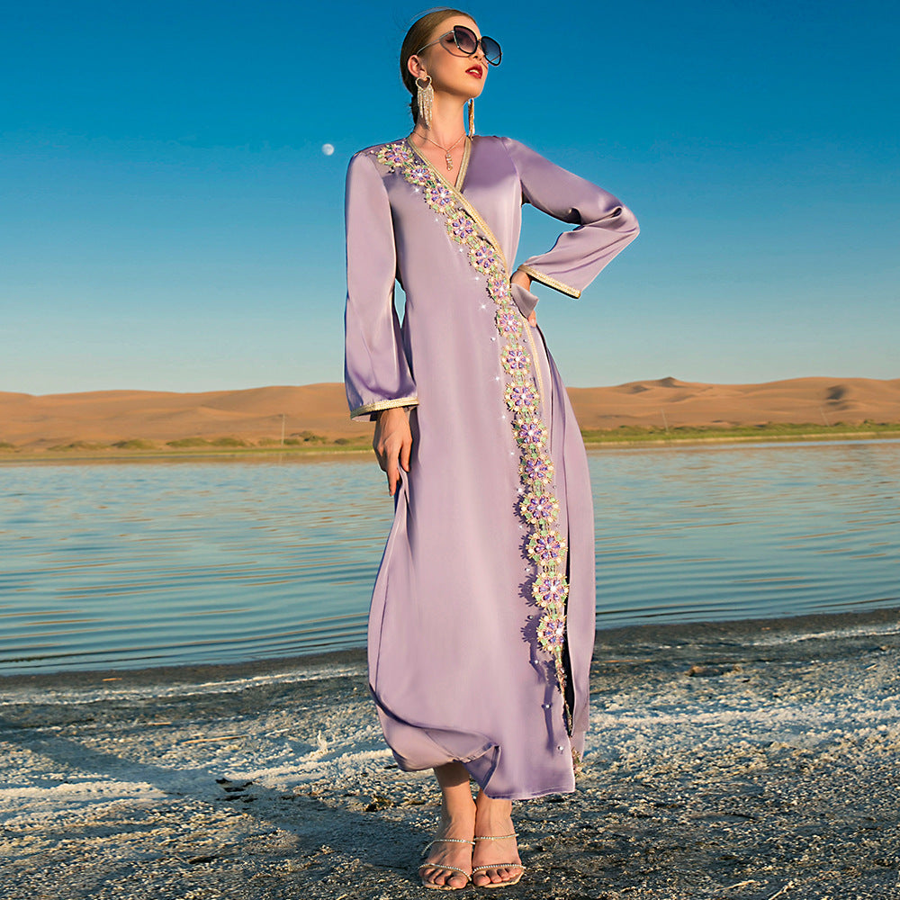 Fog Purple New Heavy Industry Hand Sewn Diamond Middle East Dress