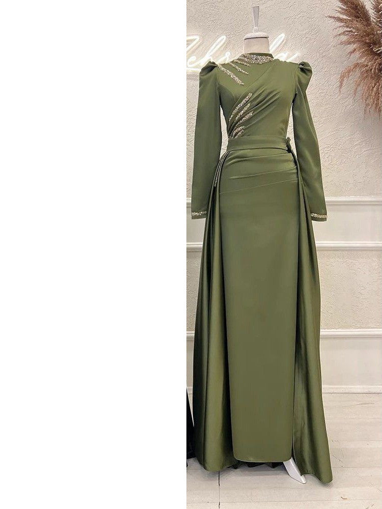 Muslim Stand Collar Detachable Long Sleeve Evening Dress