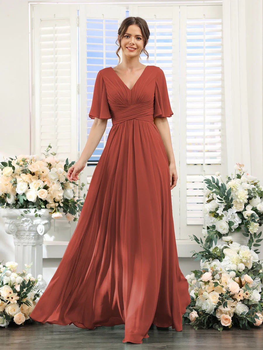 Robe de soirée longue en mousseline de soie à col en V et manches papillon