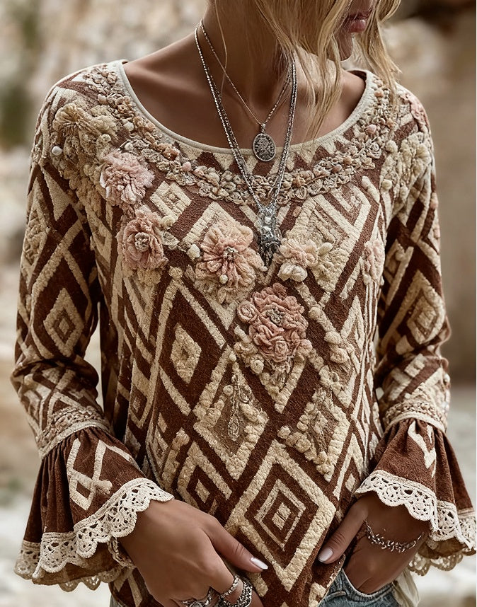 Women's Bohemian V-Neck Long Sleeve Loose Printed Shirt