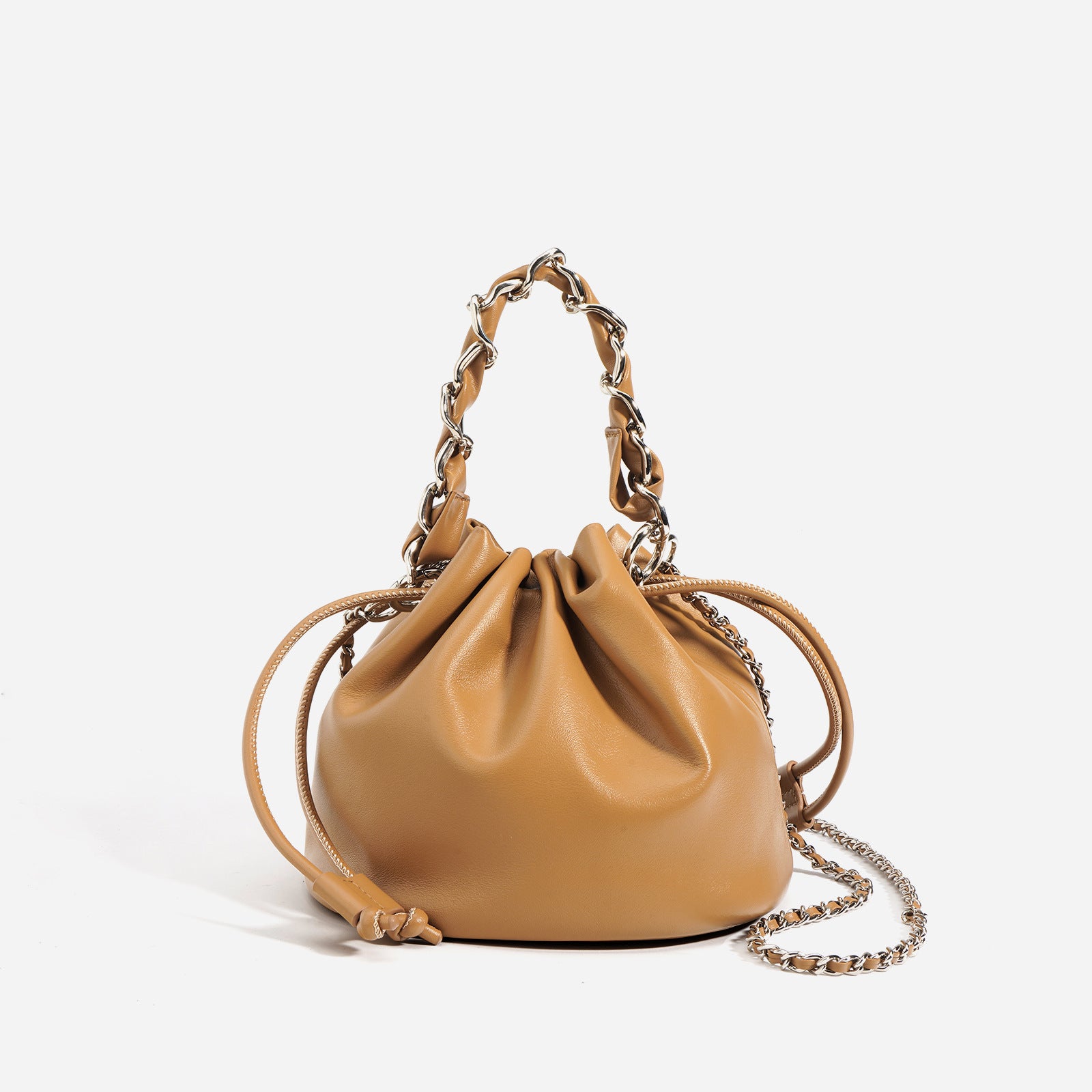 Women's Leather Drawstring Crossbody Bucket Bag - Adjustable Strap, Multiple Colors, 20x14x17cm