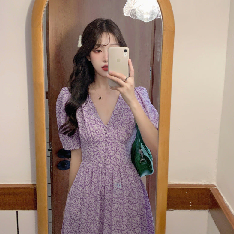 Chiffon Floral Dress with Big Swing in Purple & Blue