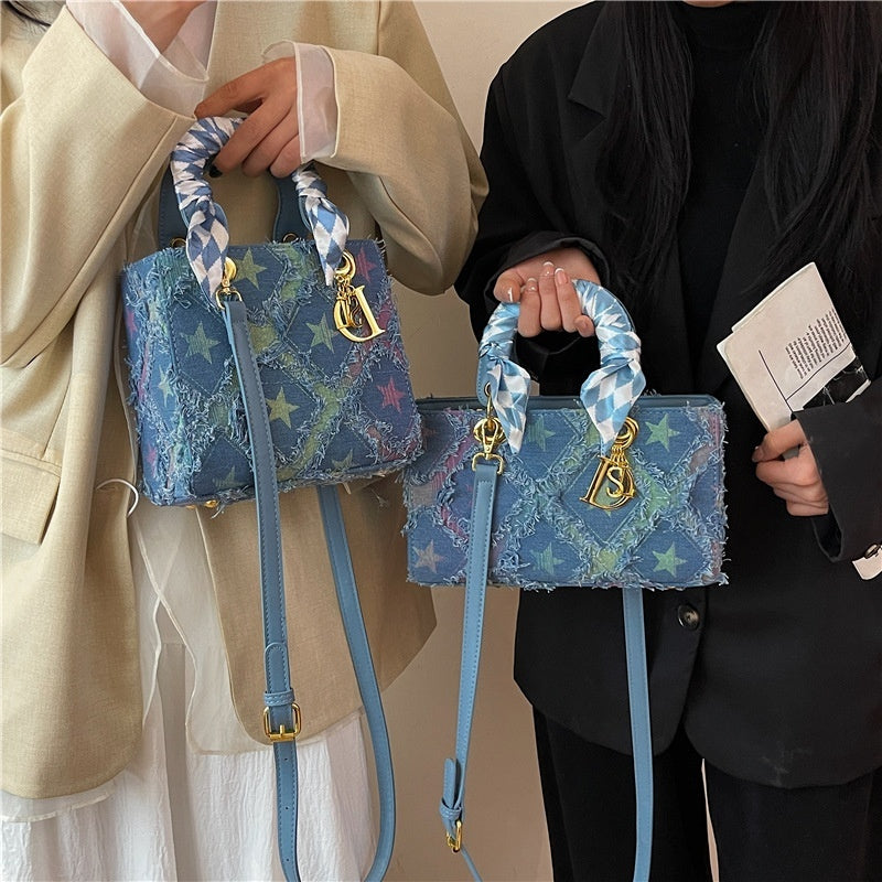 Denim Handbag Women's New-style Fashion Shoulder Niche Texture Rhombus Crossbody Bag