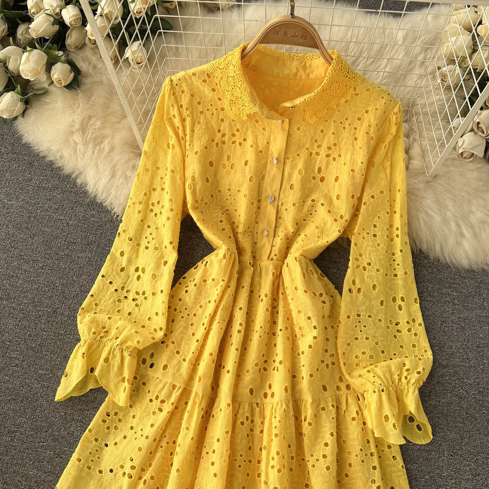 Women's High Waist Cut-Out Lace Dress in White, Khaki, Pink & Yellow