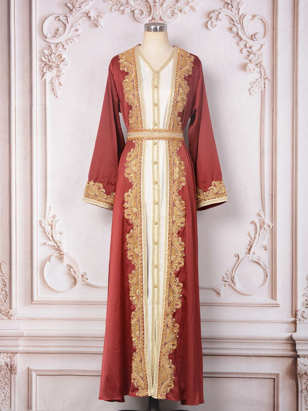 Muslim Women's Beaded Two-Piece Dress Set in Pink, Green & Red, Sizes S-XXL
