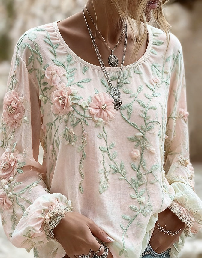 Women's Bohemian Style V-Neck Long Sleeve Shirt - Loose Printed Top