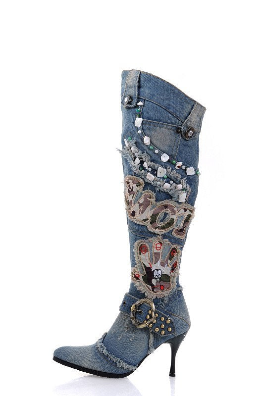 Bottes cuissardes en jean délavé à talons aiguilles pour femme
