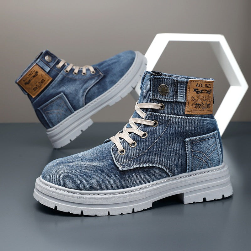 Chaussures de skate montantes en jean avec talon compensé bleu et noir