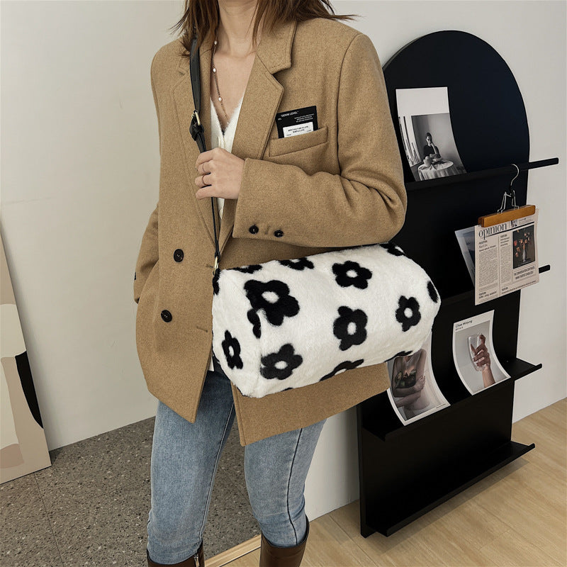 Sac seau à carreaux fleuris en peluche pour femme 33x34x21cm