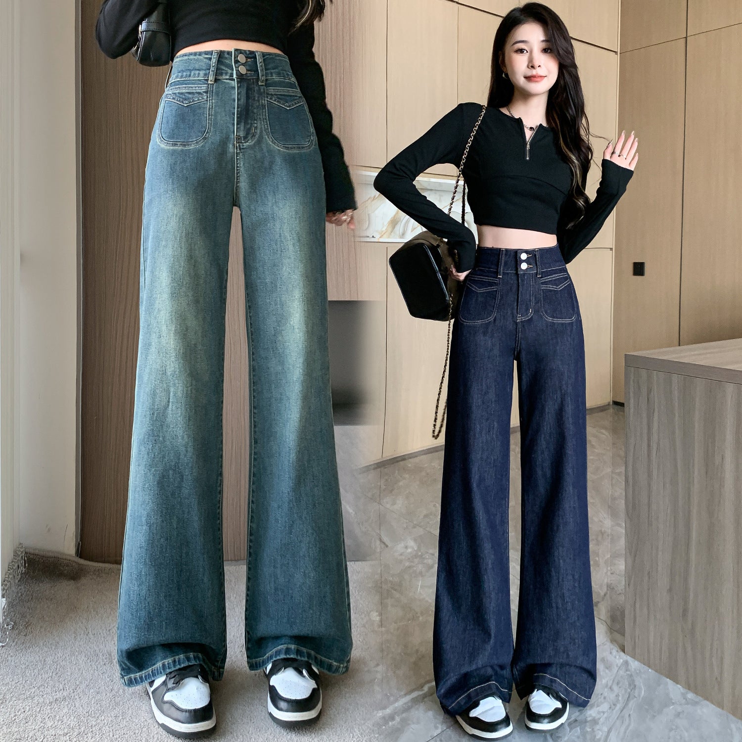 Retro High Waist Wide Leg Jeans Women’s Loose Straight Small