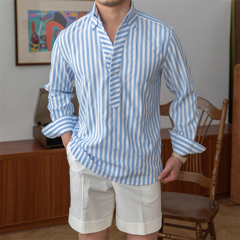 Chemise à manches longues en seersucker rayé bleu respirant