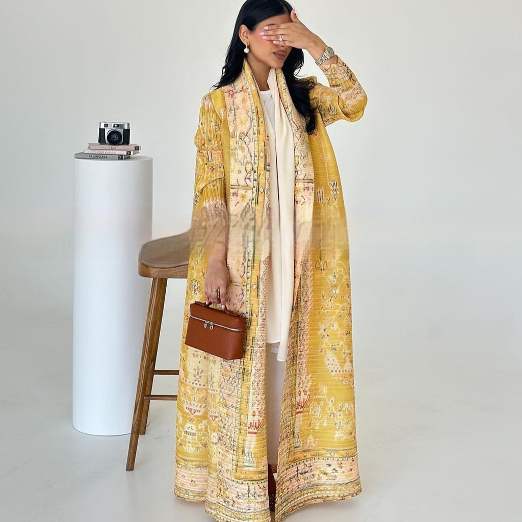 Pleated Trench Djellaba Printed Shawl Cardigan Ethnic Cloak Coat for Middle East Women