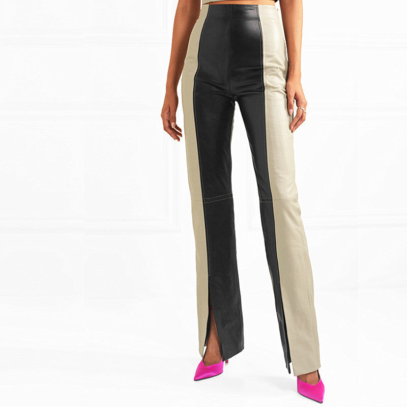 High Waist Slim Two-Tone Patchwork PU Leather Pants