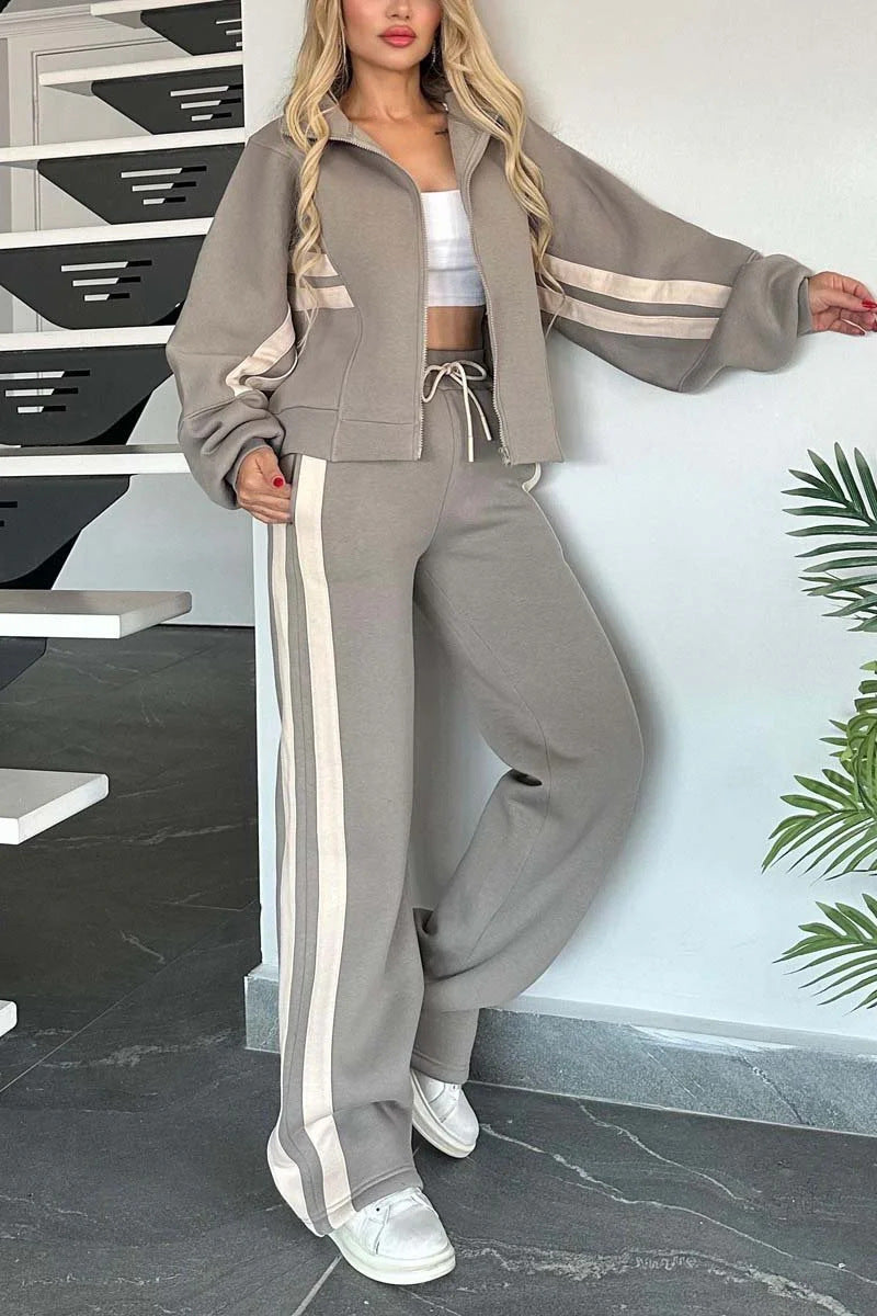 Women’s Casual Striped Zipper Coat and Trousers Set
