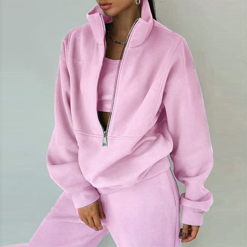 Women's Zipper Fleece Sweater and Pants Set - Casual Sportswear