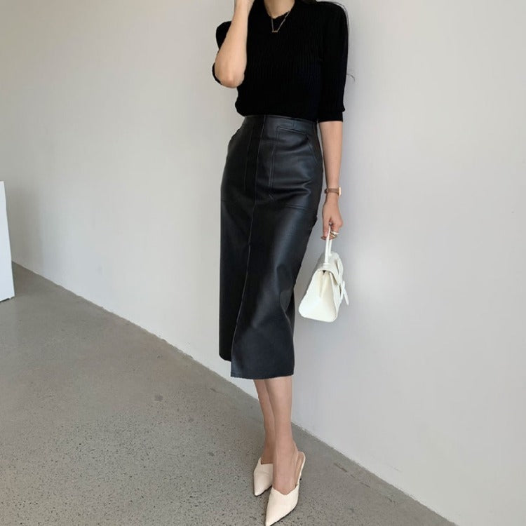 High Waist Mid-Length PU Leather Hip Skirt with Side Split