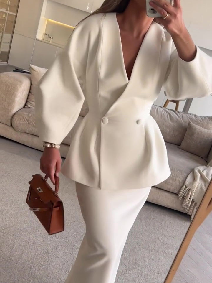 Ensemble jupe longue et manteau à col en V à volants en polyester
