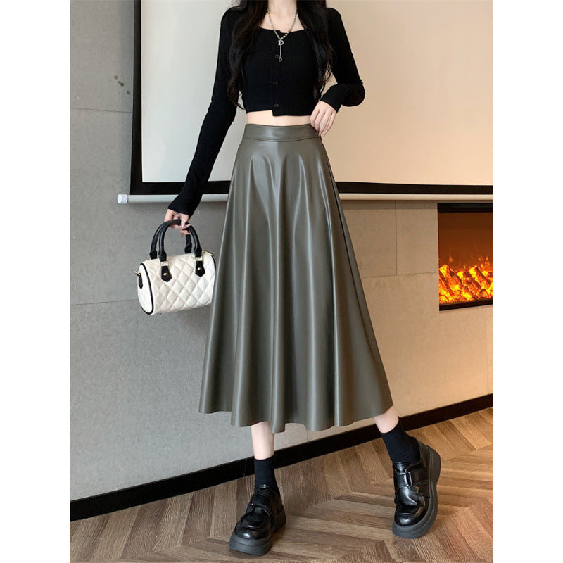 Mid-Length PU Leather Simple A-Line Umbrella Skirt in Army Green & Khaki