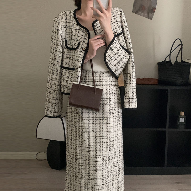 Country Style Tweed Short Coat & High Waist Plaid Skirt Suit S-XL