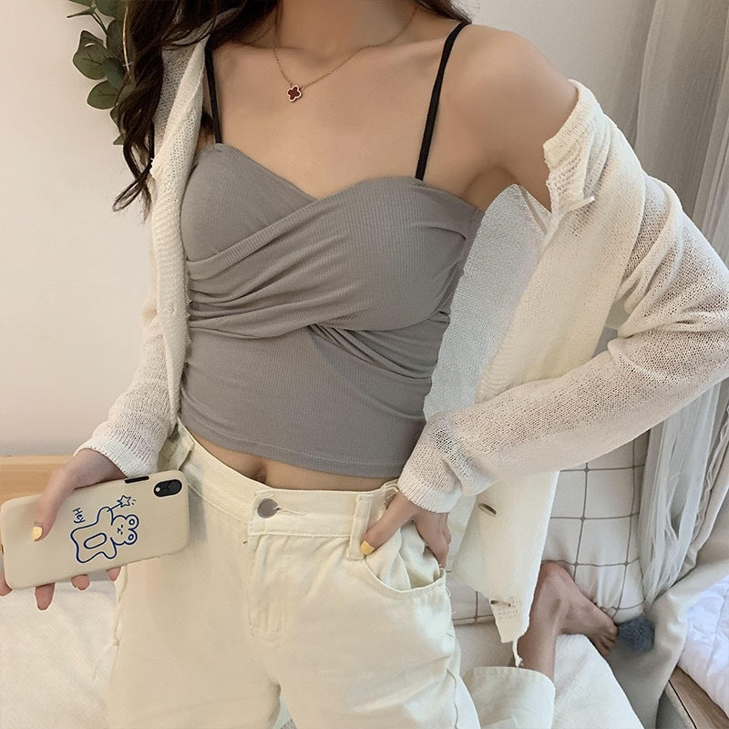 Caraco en coton uni pour femme avec coussinets de poitrine – Taille unique