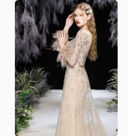 Diamond-Encrusted Long Evening Dress with Zipper and U-Neck