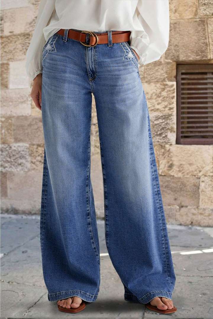 Blue Embroidered High Waist Elastic Straight Denim Pants