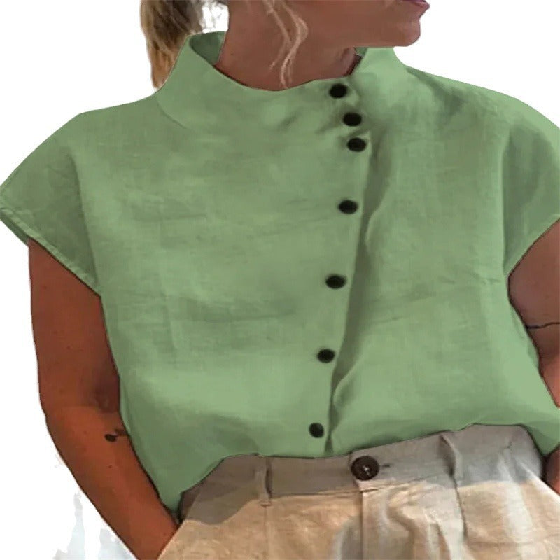 Chemise décontractée en coton et lin pour femme, col montant, coupe ample