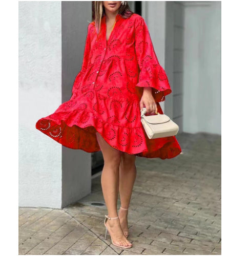 Summer Flower Hollow-out Embroidered V-neck Large Swing Dress