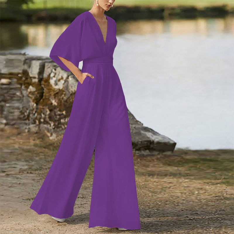 Women's Deep V High Waist Wide Leg Jumpsuit
