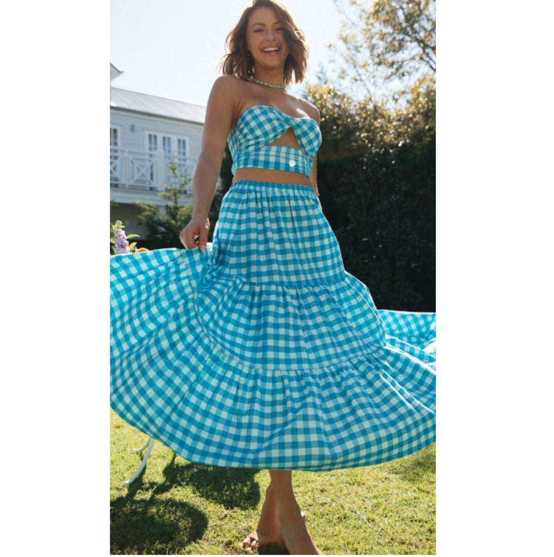 Women’s Summer Blue Plaid Wrap Swing Dress Set
