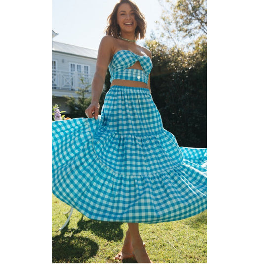 Women's Summer Wrap And Swing Plaid Blue Dress Set