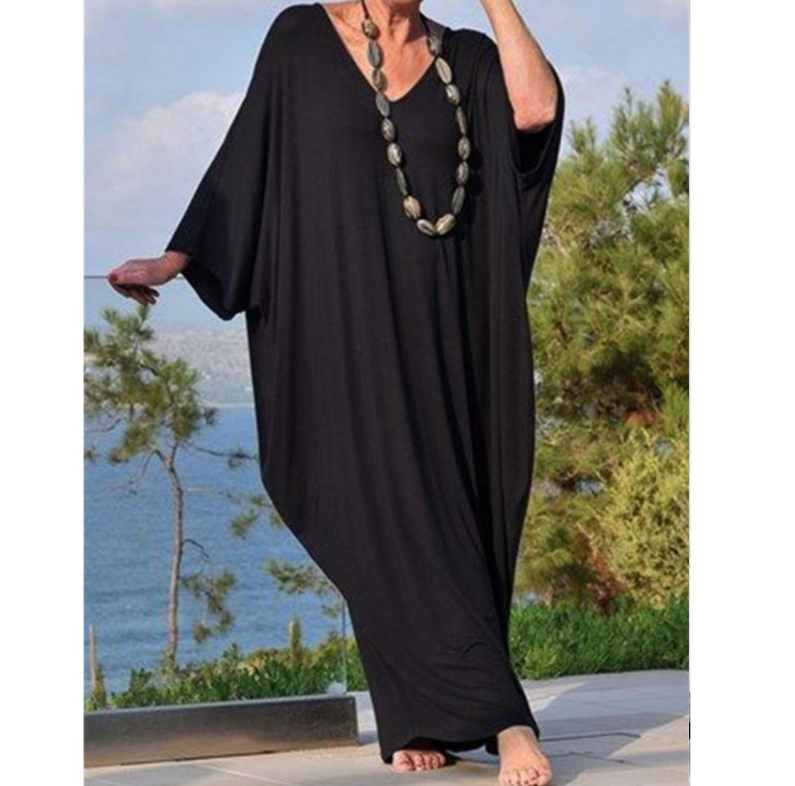 فستان صيفي كاجوال أسود بقصة فضفاضة من البوليستر S-XXL