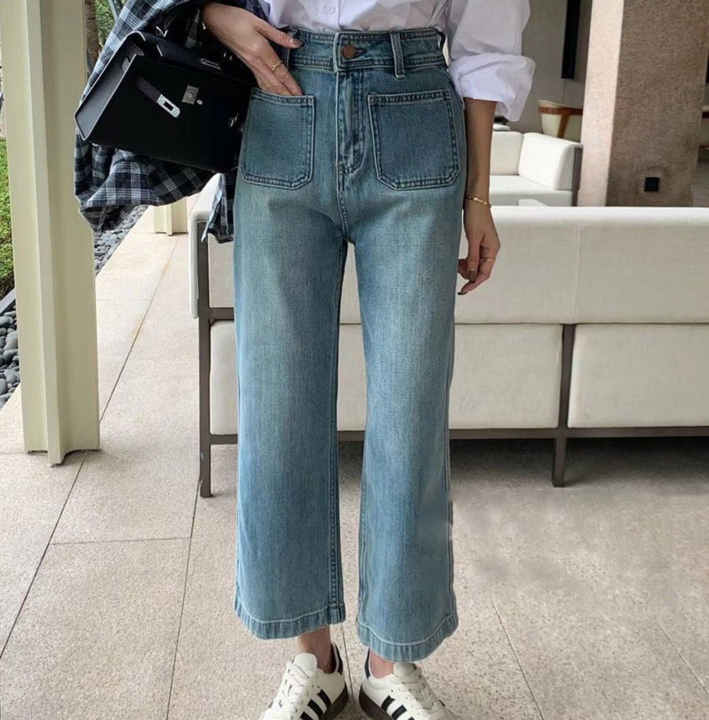 Light Blue High Waist Wide-Leg Jeans for Women Petite Slimming Nine-Point