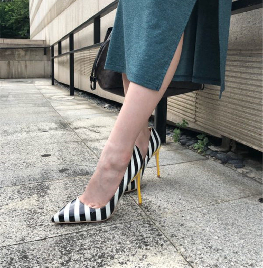 Striped Black & White 12CM Pointed Toe Stiletto High Heels for Women