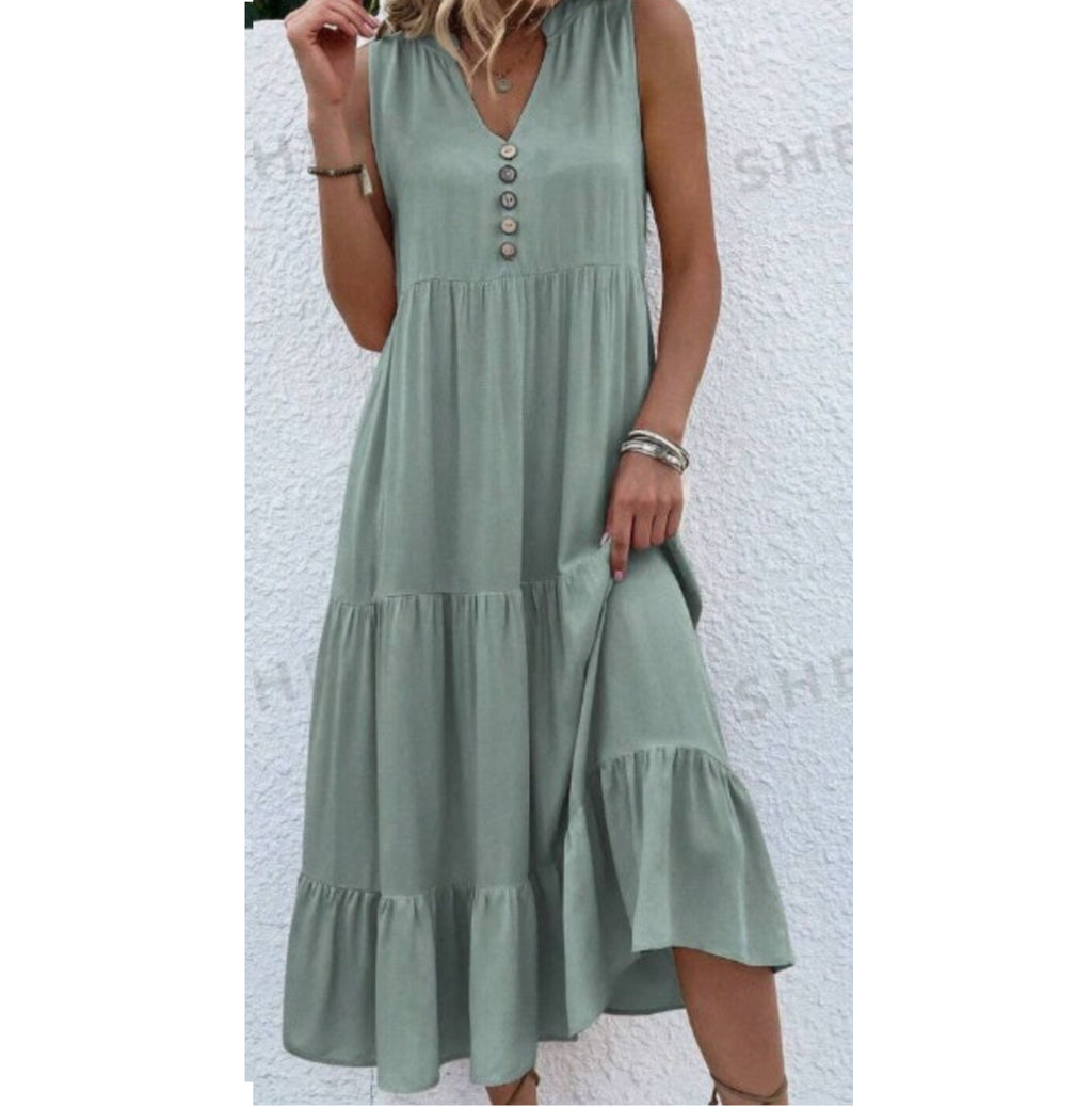Women's Notched V-Neck Ruffle Hem Dress in Viscose, Sizes S-3XL