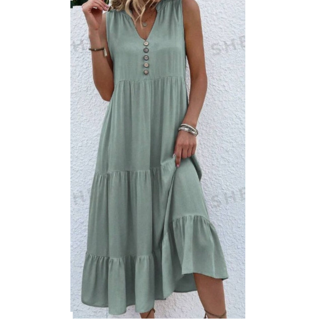 Women's Notched V-Neck Ruffle Hem Dress in Viscose, Sizes S-3XL