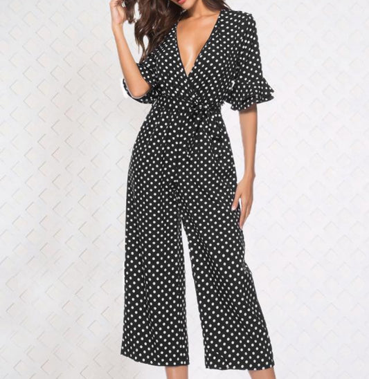 Half sleeve V-neck polka dot print jumpsuit