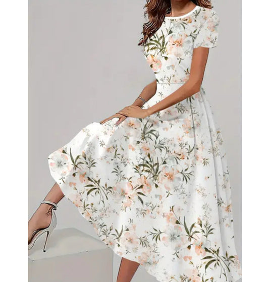 Trendy Casual All-matching Floral Pattern Short Sleeve Round Neck Dress