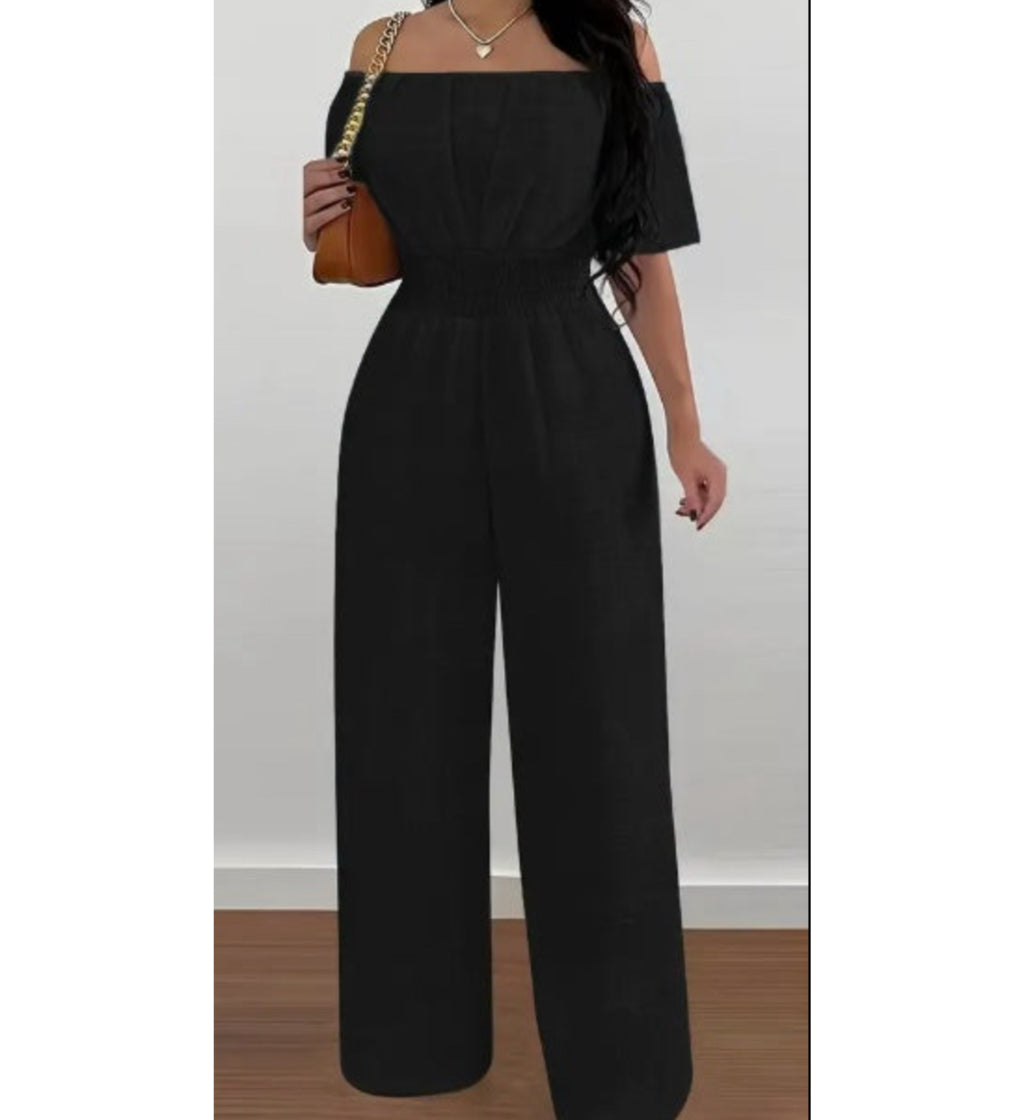 Elegant Off-Shoulder Short Sleeve Waist Cinch Jumpsuit - Solid Color, Machine Washable For Spring Summer Fall
