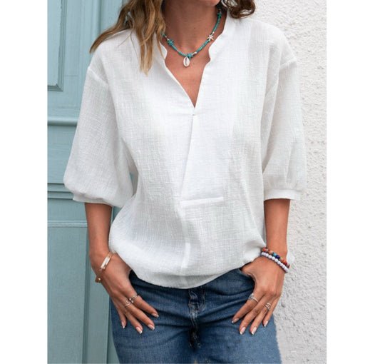 Pure Color Cotton Linen Hedging Lantern Sleeve V-Neck Cotton White Shirt