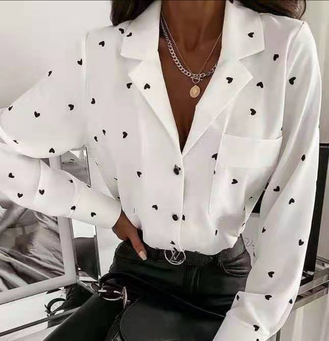 Slim Button Polka Dot Long-Sleeved Shirt Top Women's