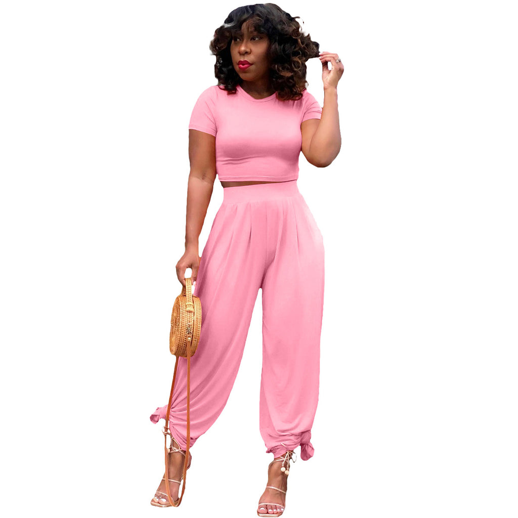 Solid Color Midriff Bell-Bottom Pants Casual Suit for Women
