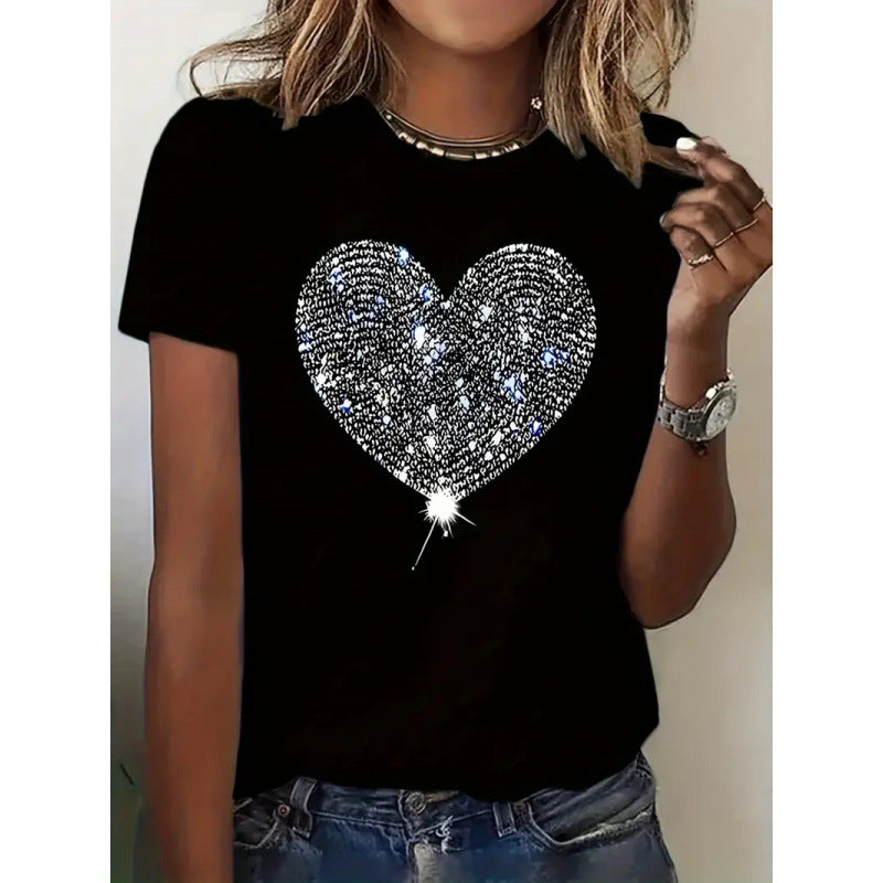 Women's Short Sleeve Valentine's Day Heart 3D Round Neck Top