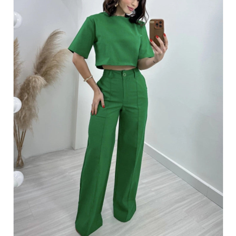 Fashion Cotton And Linen Short Top High Waist Wide Leg Pants Suit