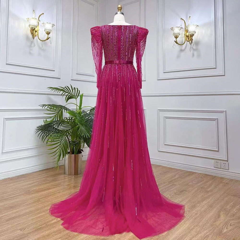 Rose Red Host Performance Evening Dress with Zipper, Long Sleeve, Tight Waist