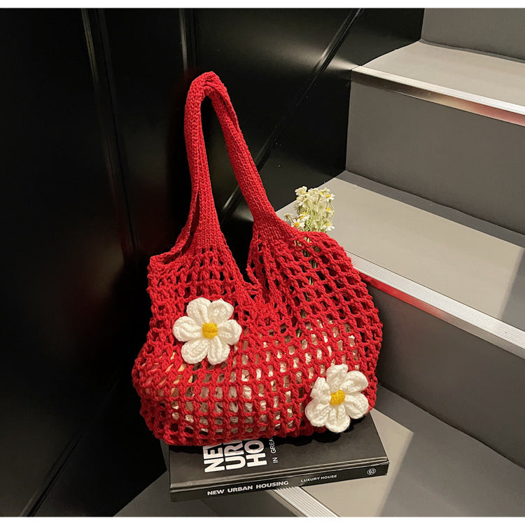 Knitted Woven Mesh Flower Handbag Large Capacity Versatile Shoulder Bag