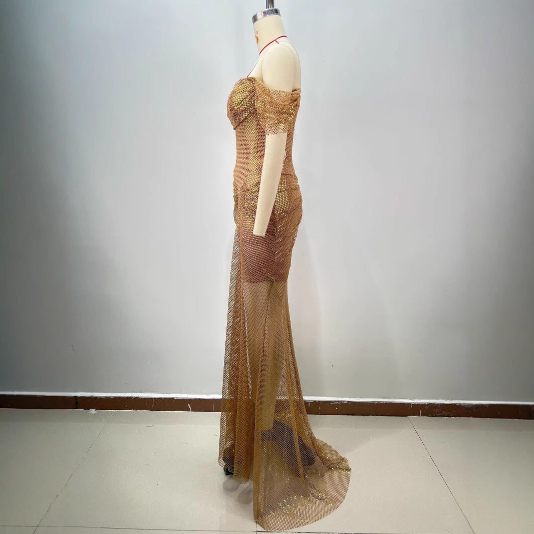 Elegant Golden Off-Shoulder Backless Slim Fit Pleated Long Dress