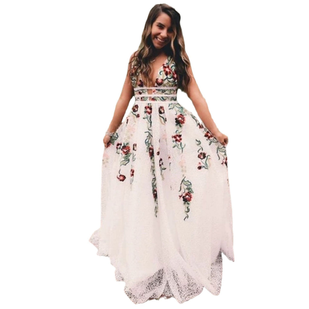 Robe de soirée sexy décolleté en V dos nu avec motif floral