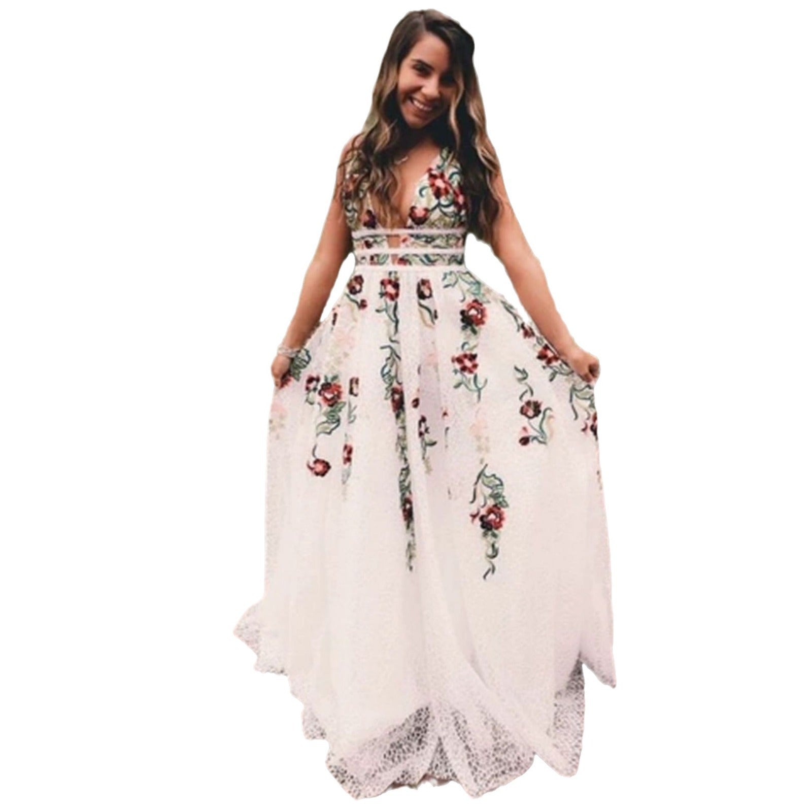 Robe de soirée sexy décolleté en V dos nu avec motif floral